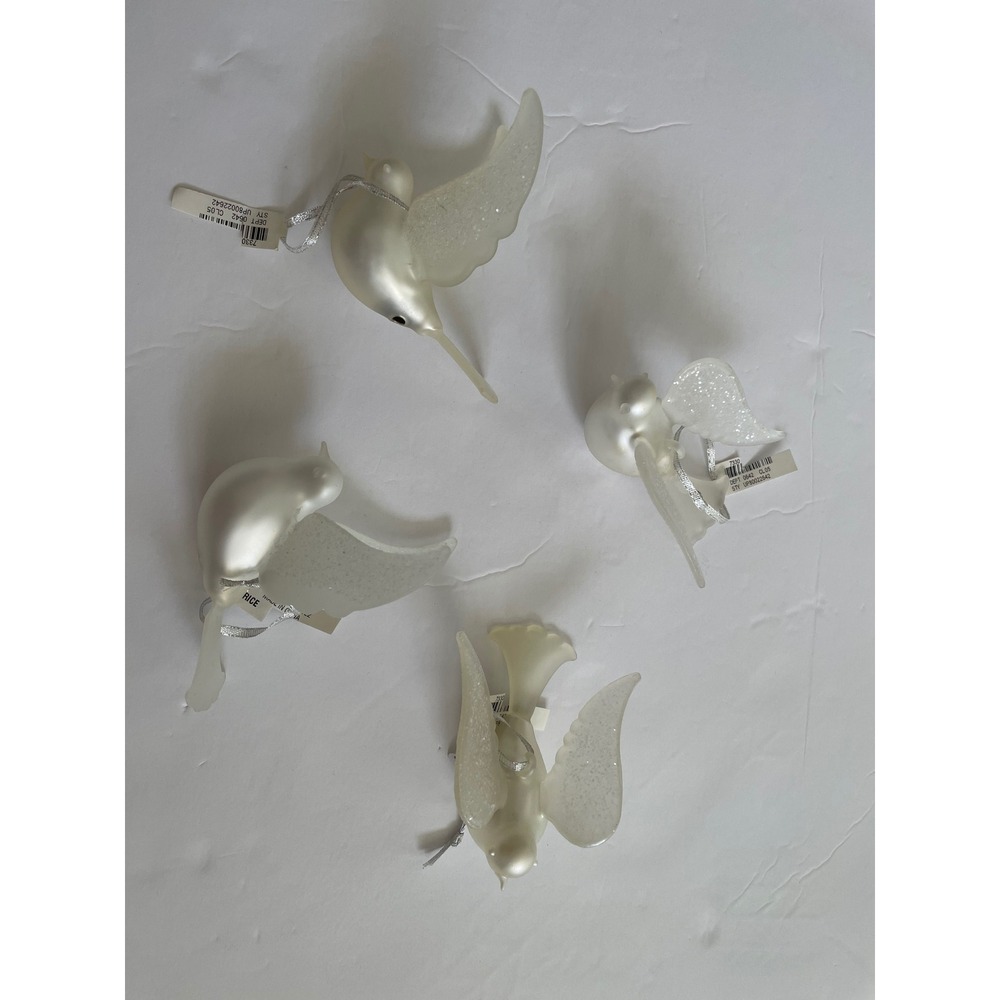 4 White Dove Christmas Ornaments Pearlescent Glitter Wings Peace Bird Set New